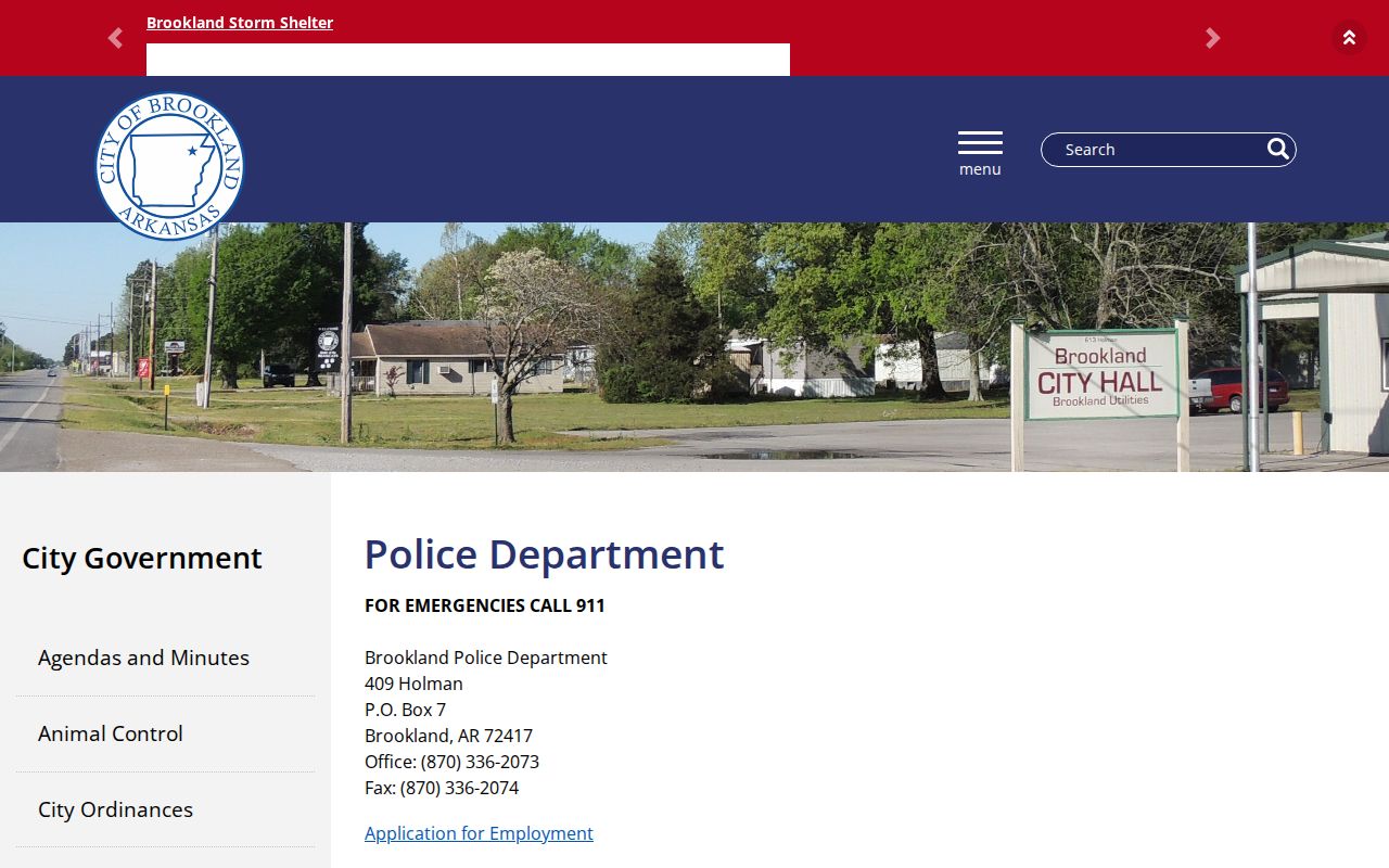 City of Brookland Police Department page with department contact information