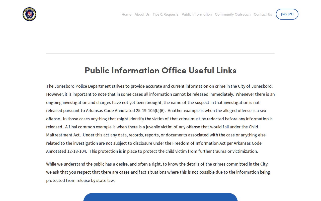 Jonesboro Police Department public reports page with daily report access