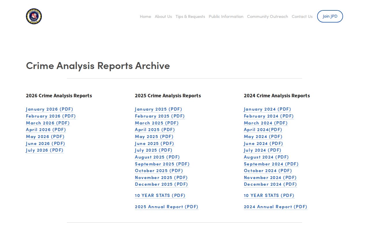 Jonesboro Police crime analysis page with monthly report resources